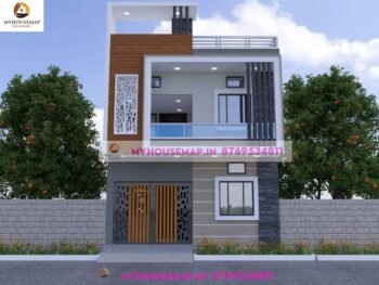 image of elevation design 3d two story and white, brown, gray color theme