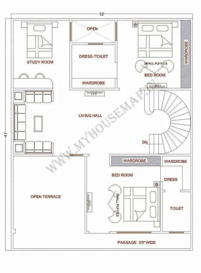 3 bhk house map design 30×40 ft