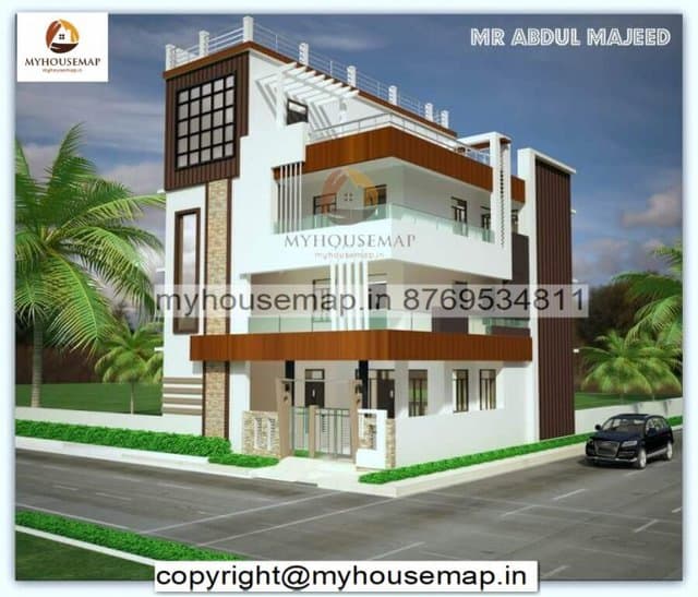 g+2 house elevation designs with parking and cream color tiles