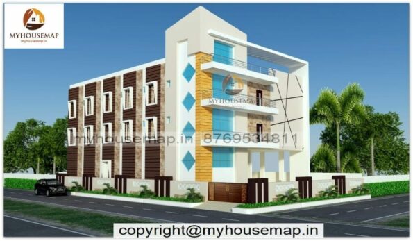 image of three story building elevation design and white, brown color with modern theme