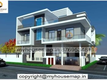 image of new building front design and white, gray theme with two floor corner house