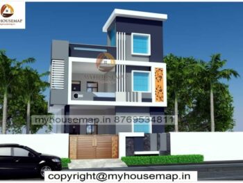 image of front elevation design for two floor house and gray, white and blue perfect color theme building