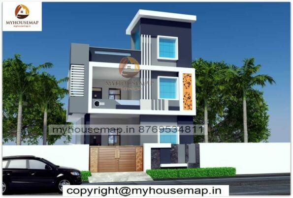 image of front elevation design for two floor house and gray, white and blue perfect color theme building