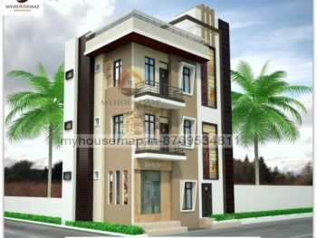 g+2 house with shop corner front design and white, light brown color theme with modern home