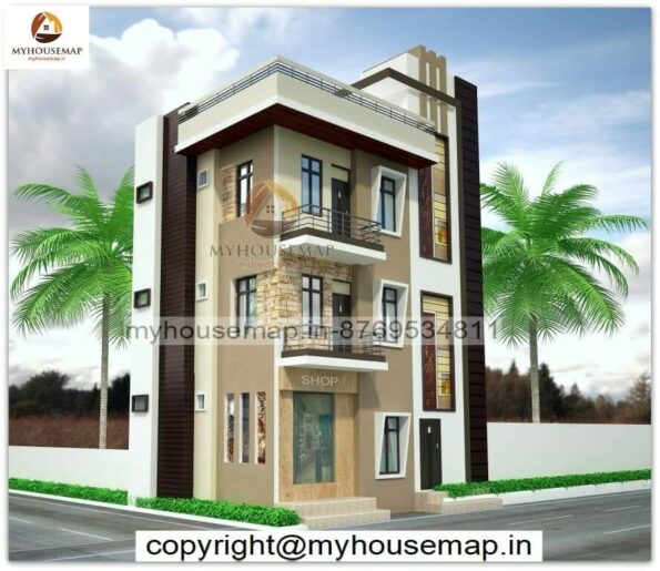 g+2 house with shop corner front design and white, light brown color theme with modern home