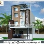 image of triple floor 3d front design of house and white, brown theme with modern front