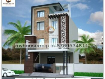 image of triple floor 3d front design of house and white, brown theme with modern front