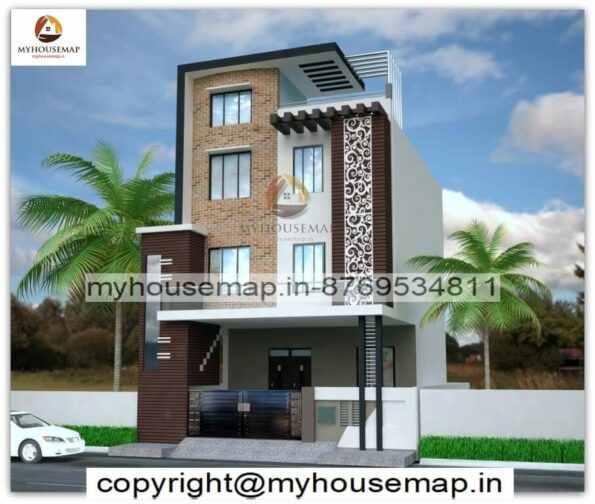 image of triple floor 3d front design of house and white, brown theme with modern front