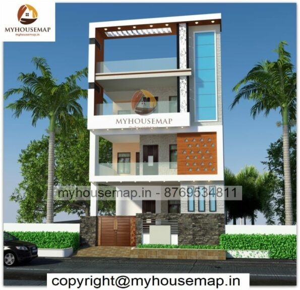 image of 3 floor front elevation design and normal with low cost house design