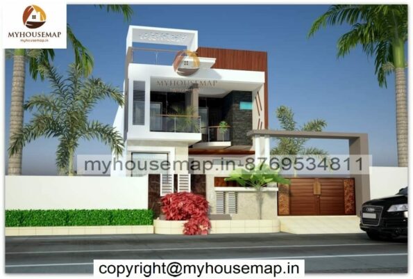 image of duplex home front design 3d and white and creme color theme with modern front