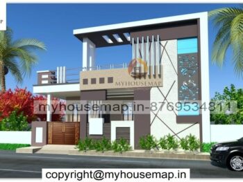 image of ground floor elevation design and brown white gray color theme with perfect front section