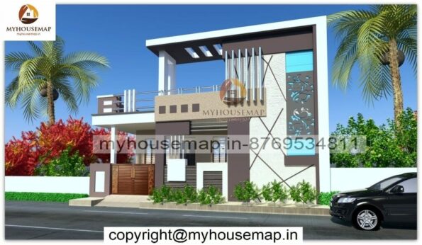 image of ground floor elevation design and brown white gray color theme with perfect front section