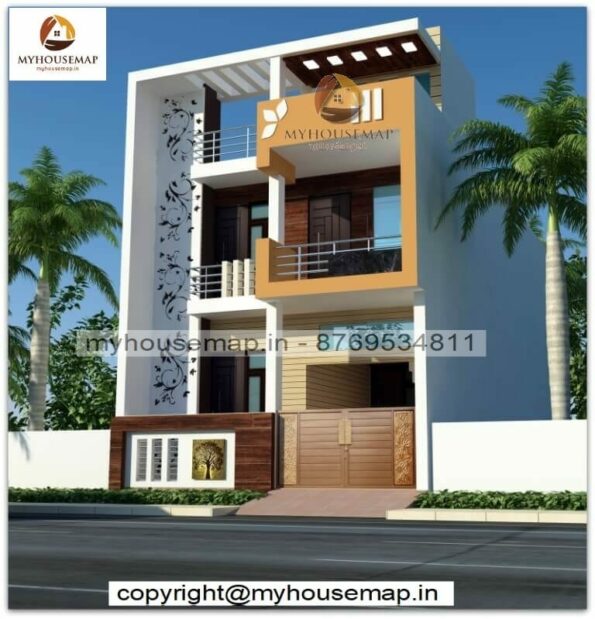 image of two floor home front 3d design and yellow and white color theme with best front look