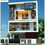 image of G+2 front elevation building design and white and brown color theme