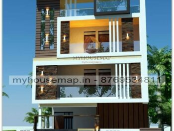 image of G+2 front elevation building design and white and brown color theme