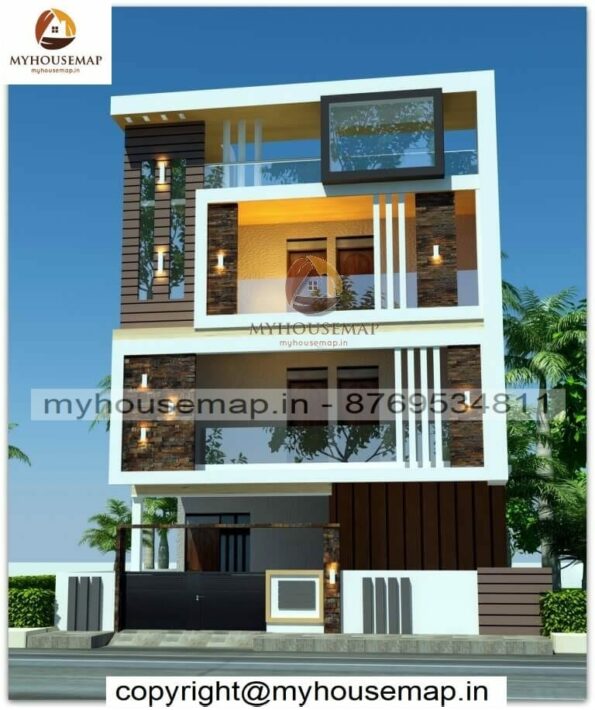 image of G+2 front elevation building design and white and brown color theme