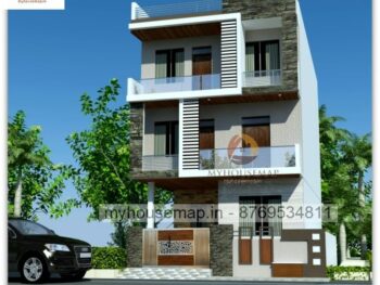 image of triple floor front elevation design home and gray, white color theme with stone cladding design