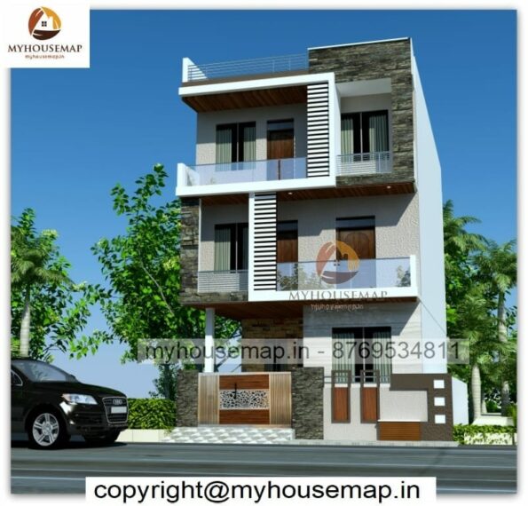 image of triple floor front elevation design home and gray, white color theme with stone cladding design