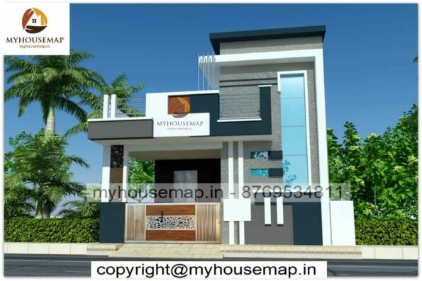 image of new modern elevation design single floor and blue and gray color theme with front section