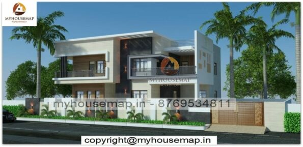 image of double floor contemporary house front design and ultra modern front design with perfect color theme