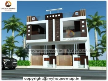 image of east face 2 floor elevation and white and brown color theme with modern design.