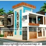 image of elevation design for 2 floor house and modern section design with cnc and glass