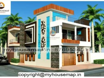 image of elevation design for 2 floor house and modern section design with cnc and glass