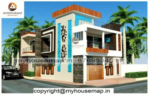 image of elevation design for 2 floor house and modern section design with cnc and glass