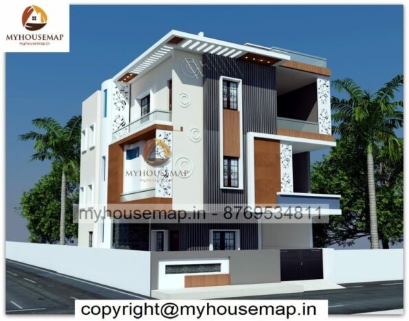 image of elevation design for 3 floor building and ultra modern front with perfect color theme