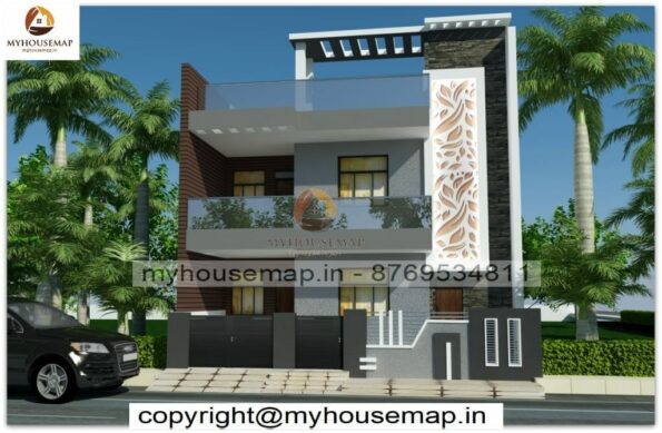 image of front home design double story and white, gray and brown color theme with modern section