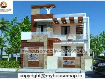 image of Double floor front side design of house and small home with wooden tiles concept design