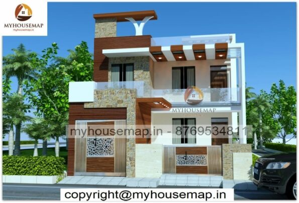 image of Double floor front side design of house and small home with wooden tiles concept design