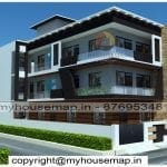 image of elevation design modern g+2 and white, brown color theme with corner home