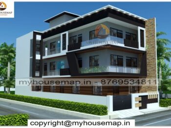 image of elevation design modern g+2 and white, brown color theme with corner home