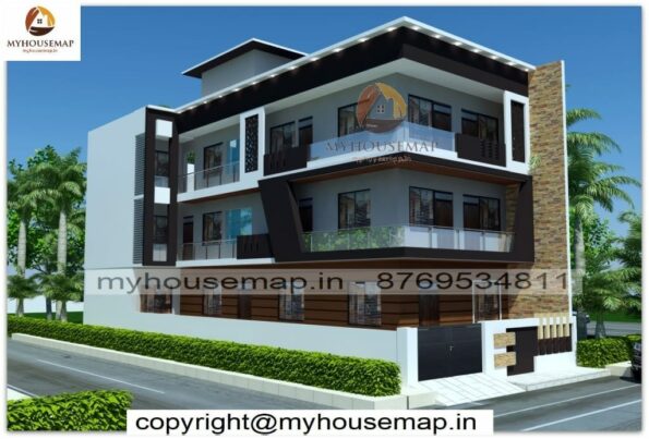 image of elevation design modern g+2 and white, brown color theme with corner home