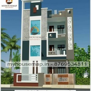 Triple story house front elevation design