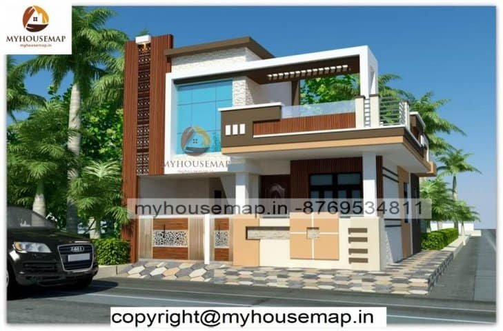 front single floor elevation design with parking and wooden design