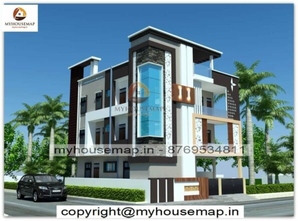 image of elevation for house front triple floor and simple home with two side elevation