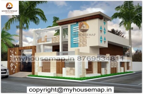 image of single story front design and light creme color theme house with corner elevation