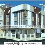 image of triple floor corner house elevation and white, brown, gray color theme with modern house