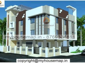 image of triple floor corner house elevation and white, brown, gray color theme with modern house