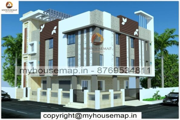 image of triple floor corner house elevation and white, brown, gray color theme with modern house