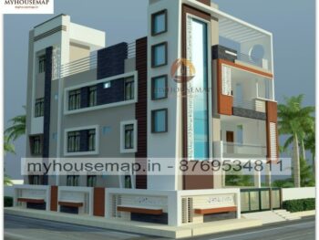 image of triple story 3d elevation design corner house and modern home with unique front section