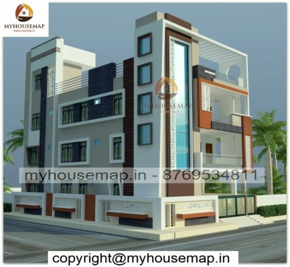 image of triple story 3d elevation design corner house and modern home with unique front section