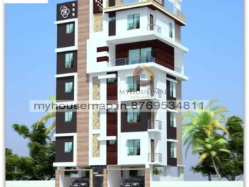 image of simple apartment front design elevation and white, brown theme with multi story design