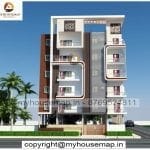 image of elevation design for 6 floor building and white, gray color theme with latest design.