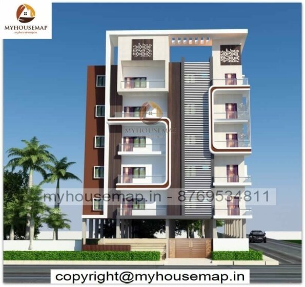 image of elevation design for 6 floor building and white, gray color theme with latest design.