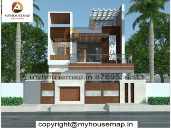 image of 2 floor front elevation design and unique front design with wooden and cnc