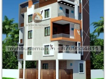 image of 4 floor apartment building elevation and white, brown, orange color theme with corner building