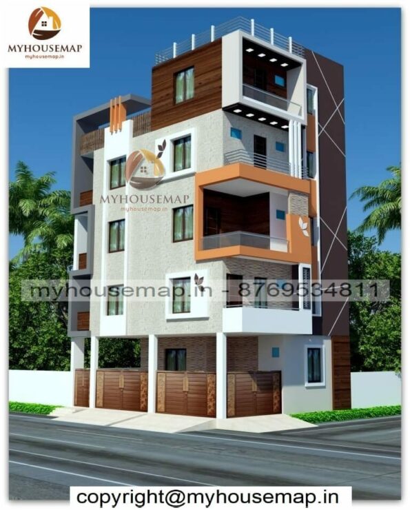 image of 4 floor apartment building elevation and white, brown, orange color theme with corner building